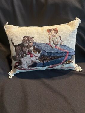Vintage Embroidered Kittens Cats Accent Pillow in Cream Brown Tan Blue Pink